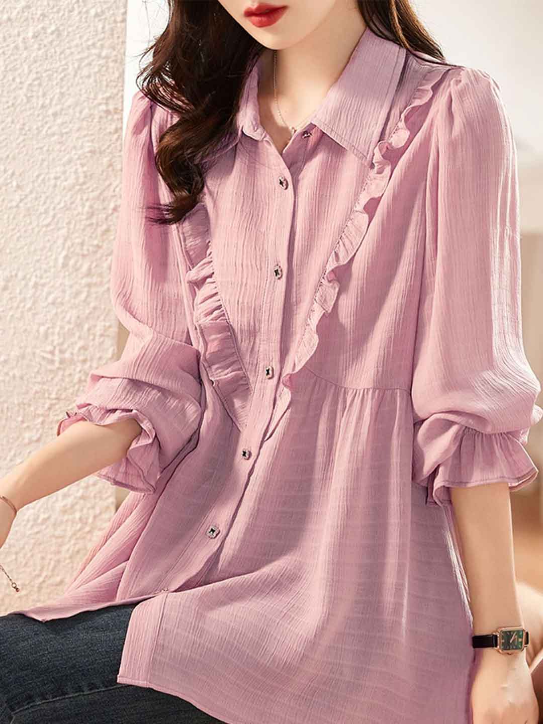 Alyssa Casual Pink Polo Chiffon Loose Shirt