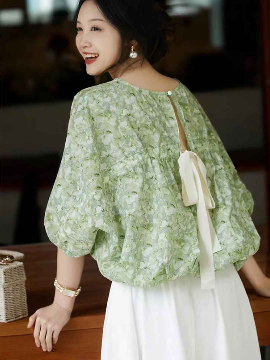 Maya Casual Back Bow Printed Blouse-Green