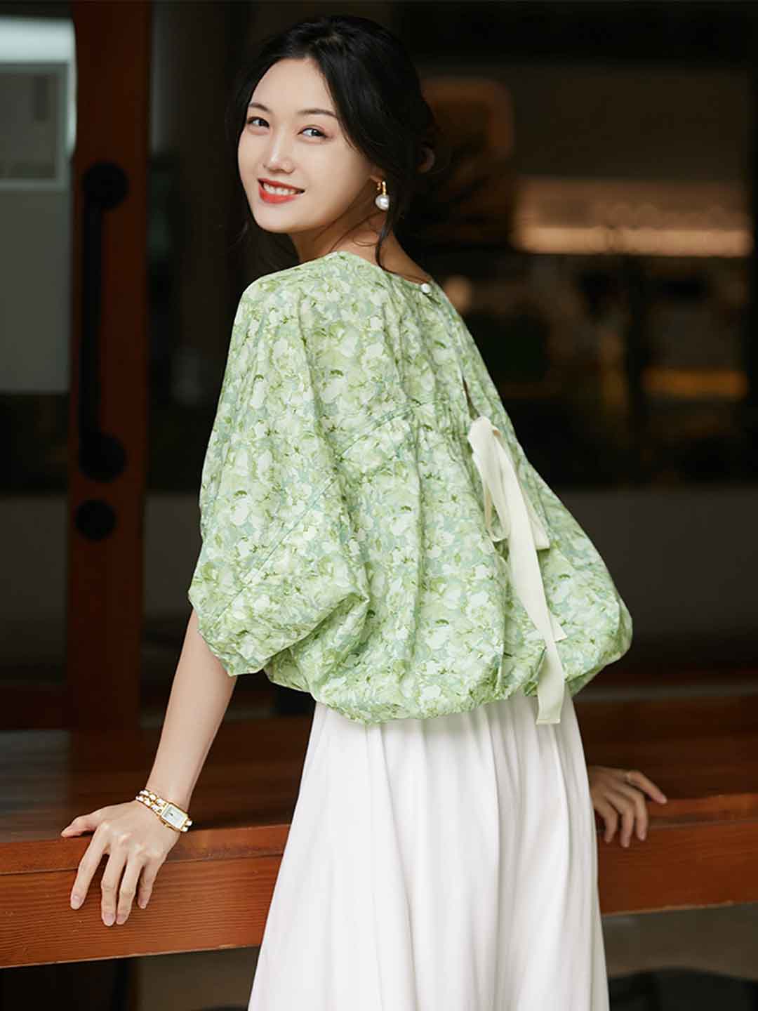 Maya Casual Back Bow Printed Blouse-Green