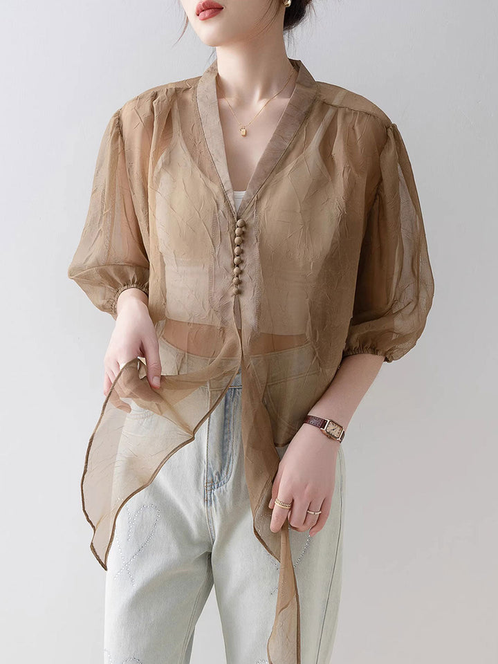 Alyssa Retro V-Neck Lantern Sleeve Chiffon Shirt