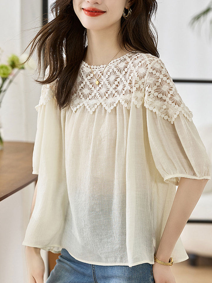 Sophie Loose Chiffon Lace Blouse-Khaki