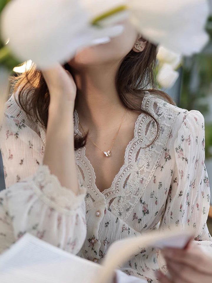 Lydia Retro V-Neck Lace Floral Chiffon Blouse