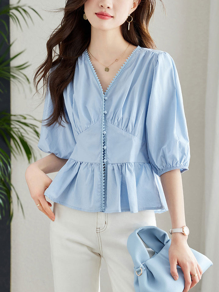 Anna Loose V-Neck Lantern Sleeve Top