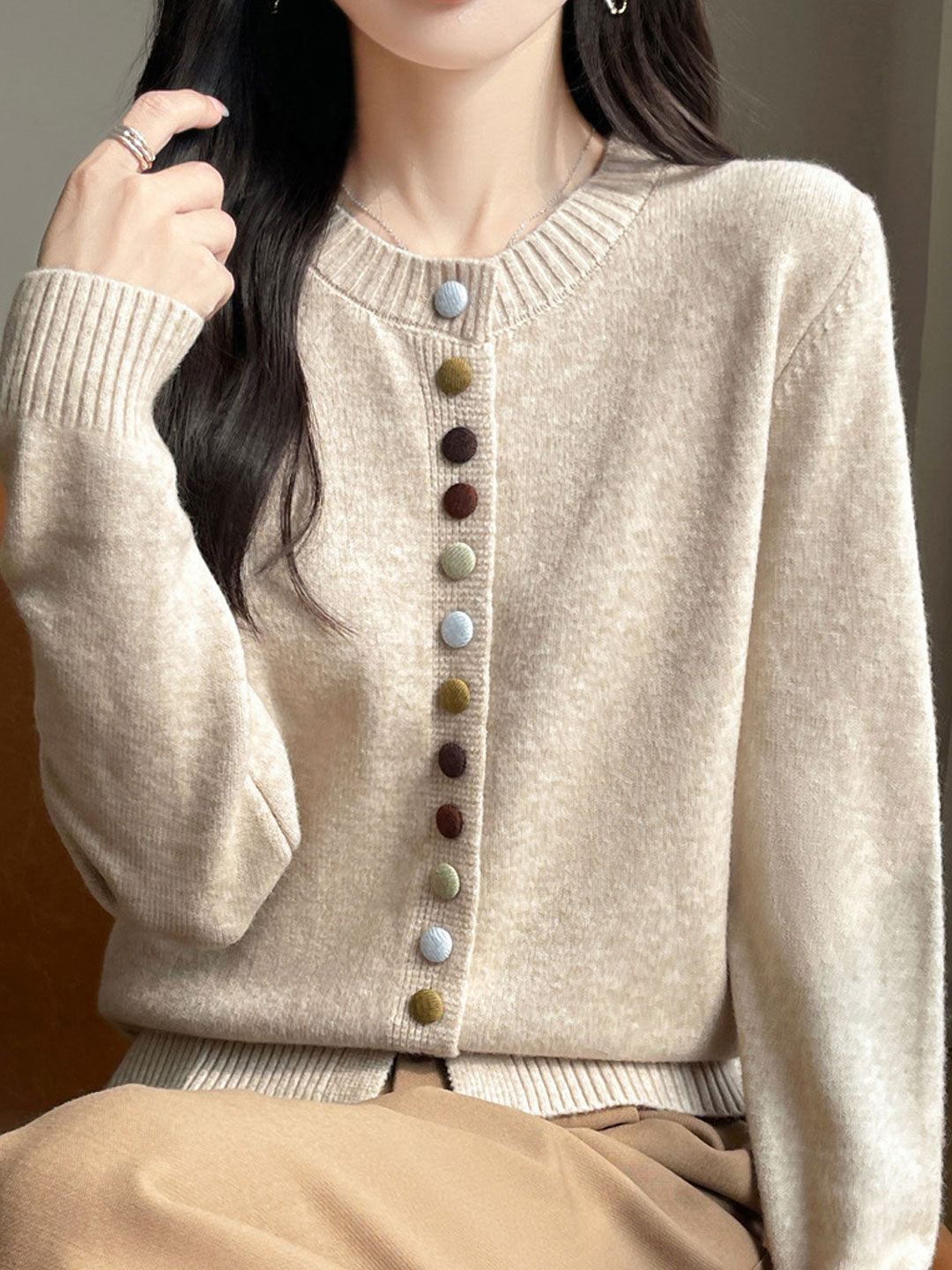 Sophia Classic Crew Neck Colorful Button Knitted Cardigan