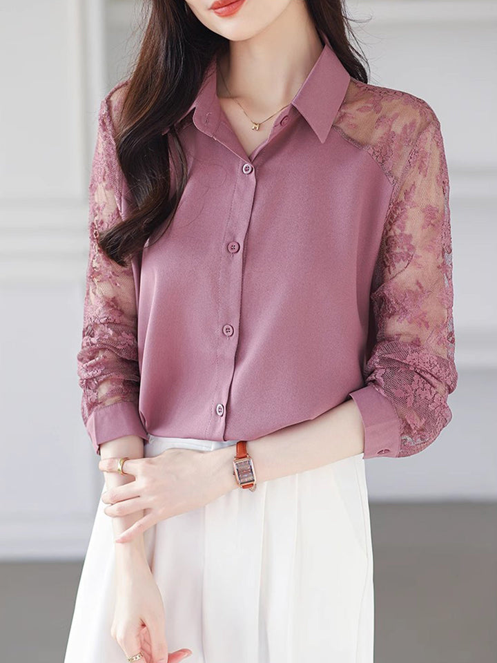 Sophie Loose Lapel Panel Lace Chiffon Shirt