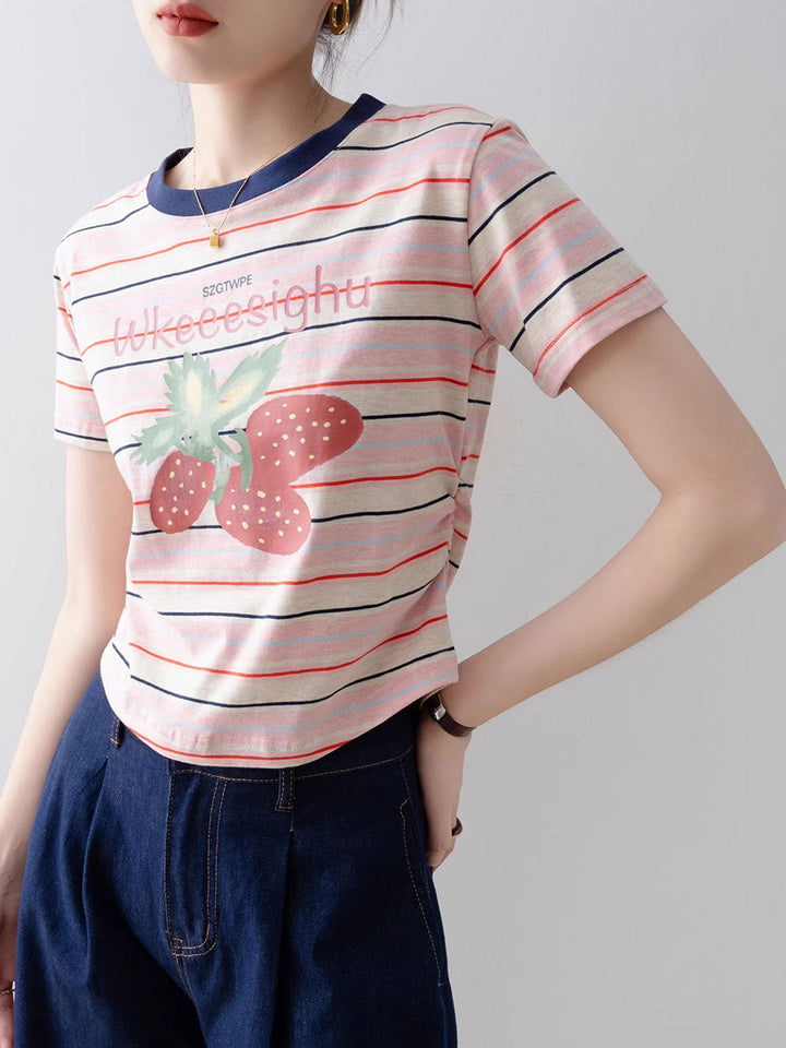 Brianna Cute Crew Neck Striped Printed Top