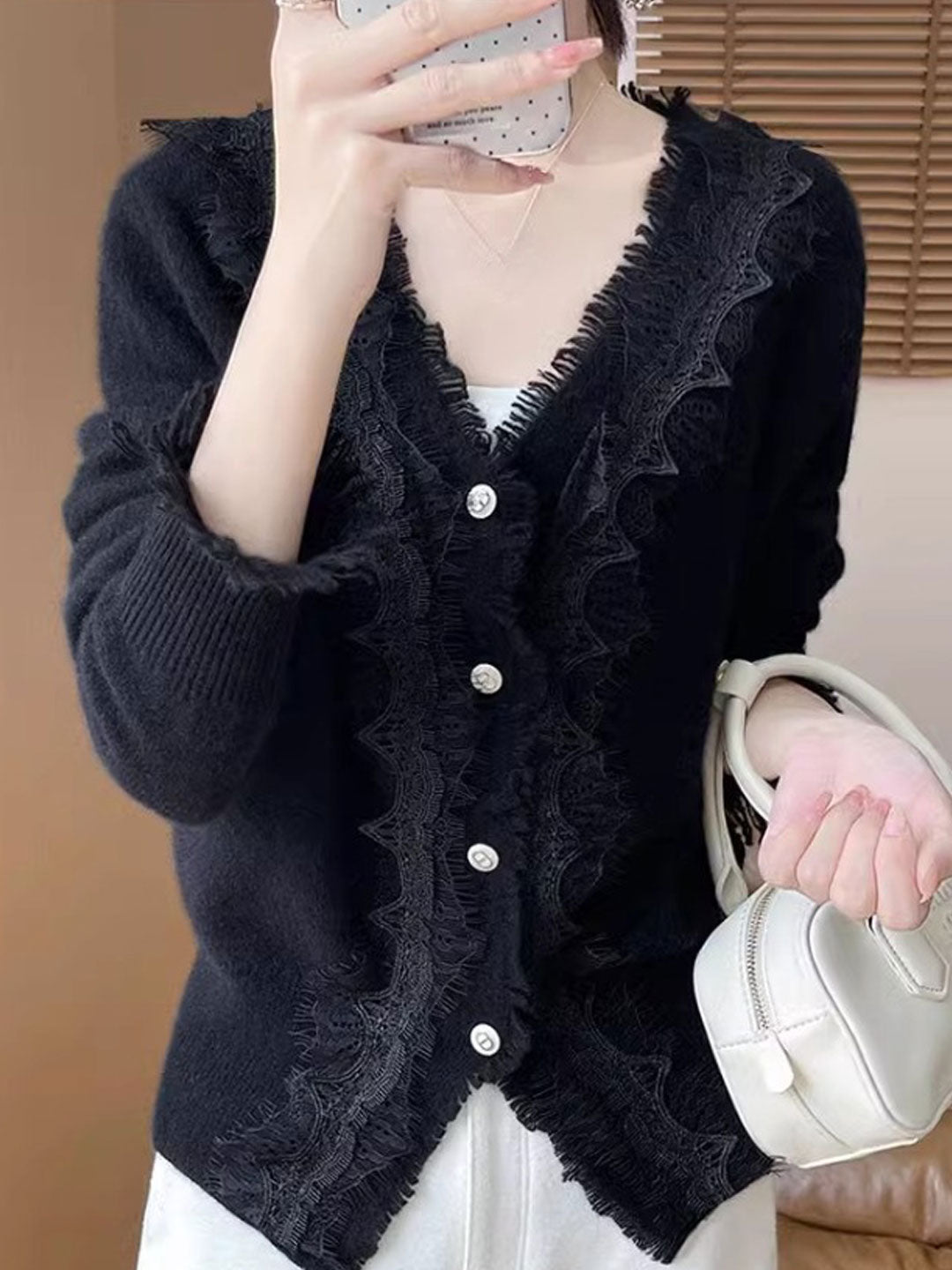 Emma Elegant V-Neck Lace Knitted Cardigan