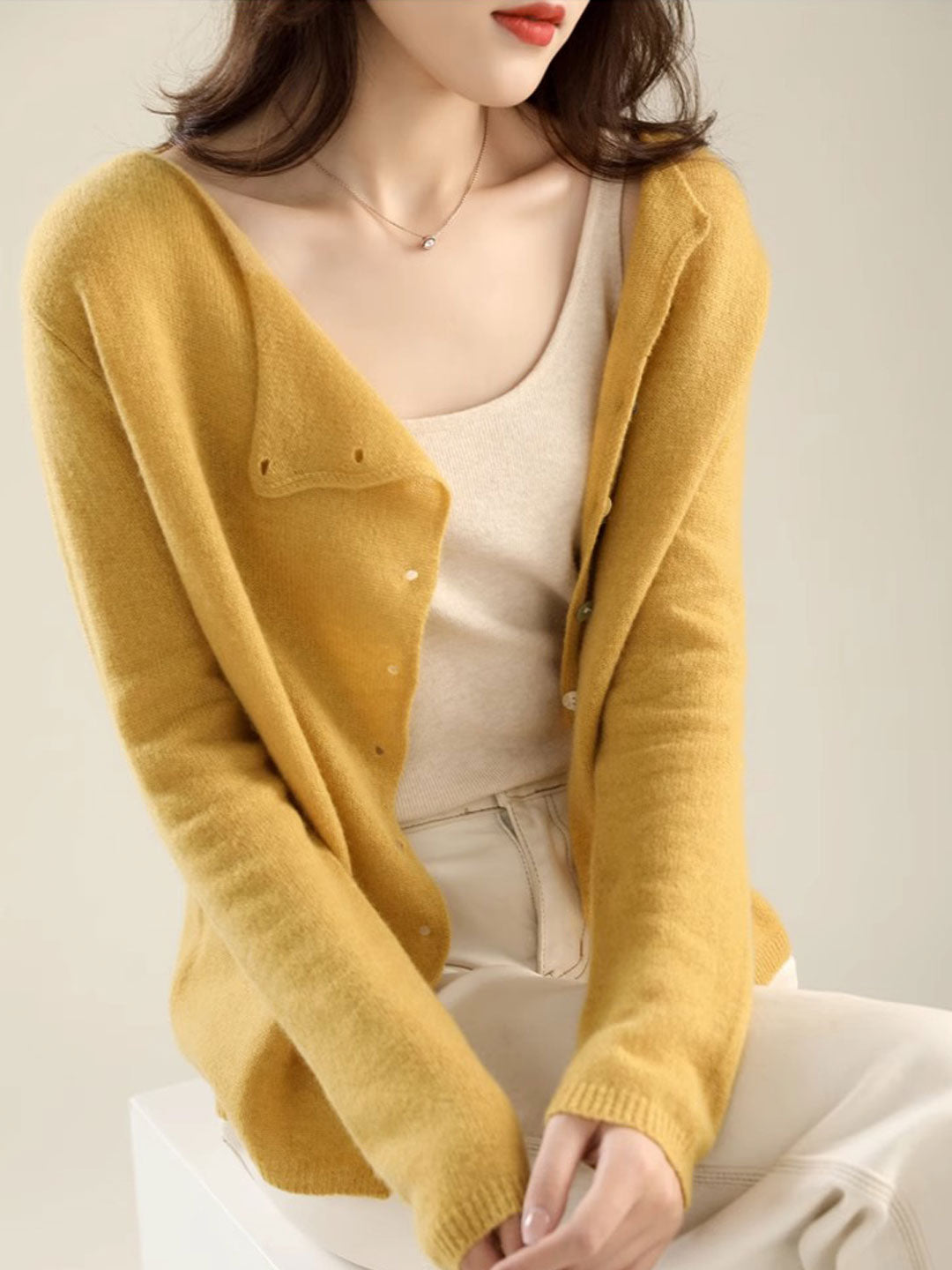 Kayla Classic Crew Neck Knitted Cardigan-Yellow