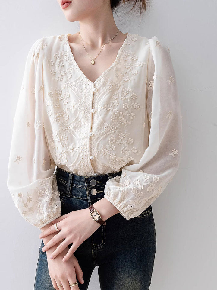 Taylor Retro V-Neck Lace Chiffon Blouse