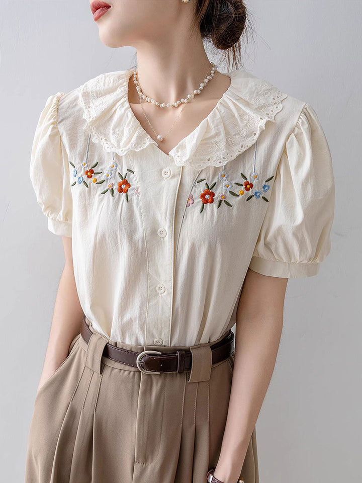 Melanie Retro Doll Collar Embroidered Lace Top