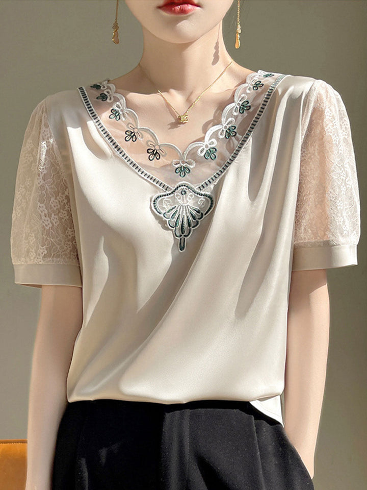 Ava Classic V-Neck Hollowed Lace Satin Top