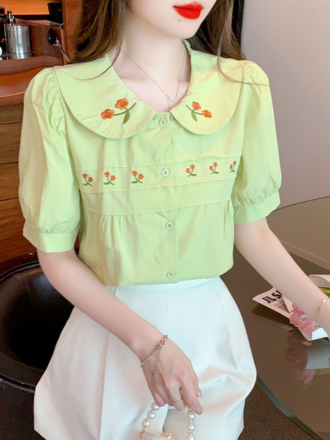 Khloe Retro Doll Collar Embroidered Top