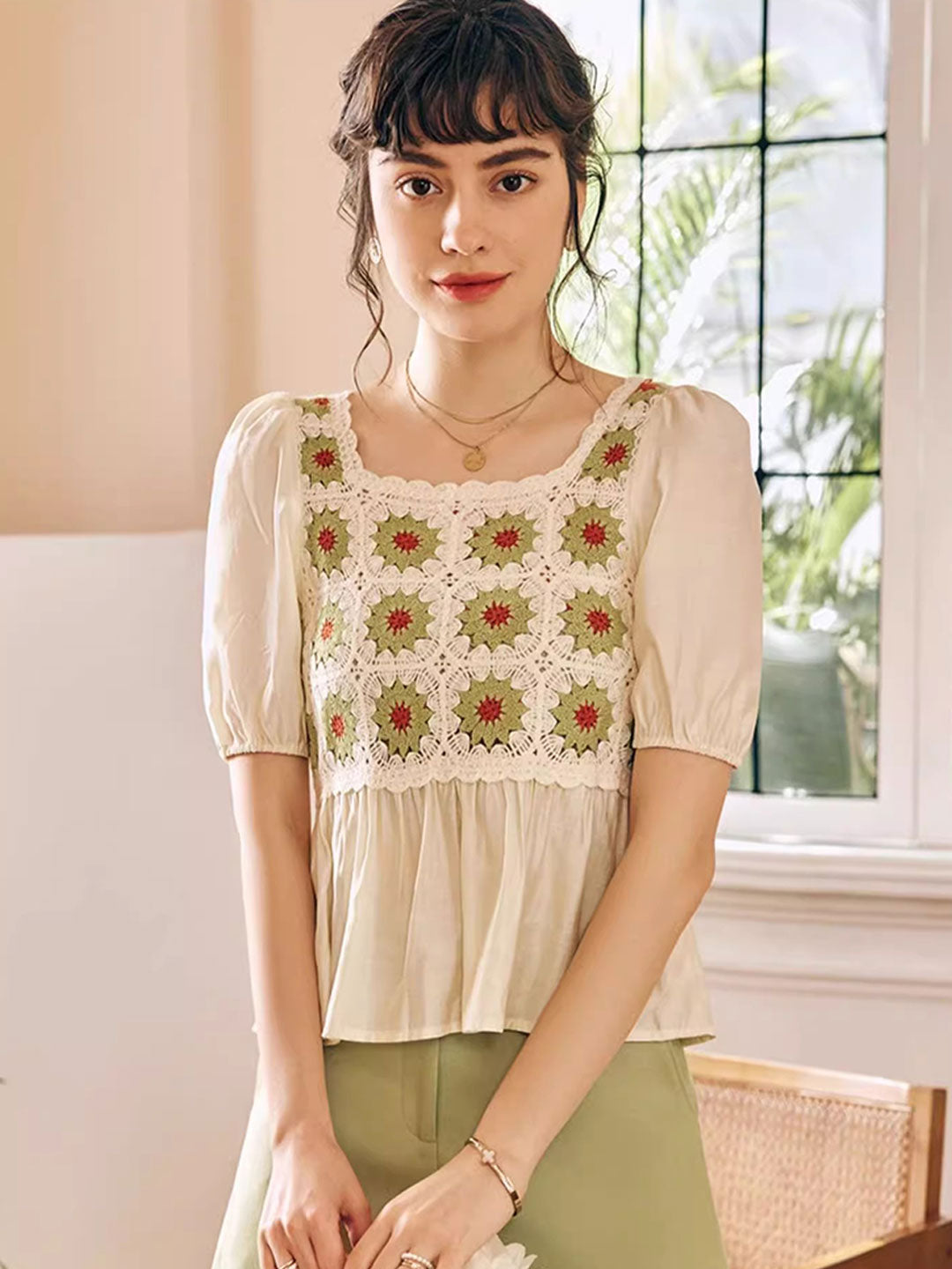 Olivia Retro Square Collar Crocheted Hollowed Chiffon Top