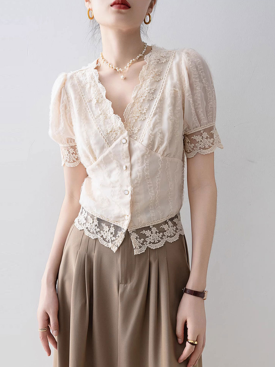 Anna Retro V-Neck Flare Sleeve Hollowed Lace Top