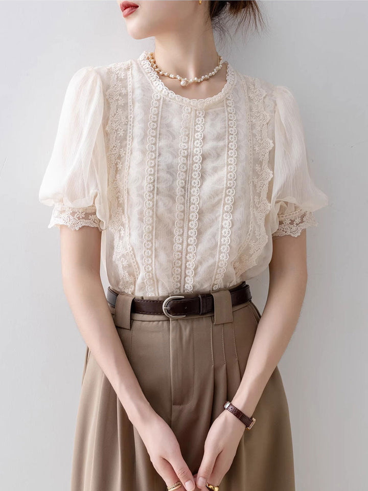 Lillian Retro Crew Neck Puff Sleeve Lace Chiffon Blouse