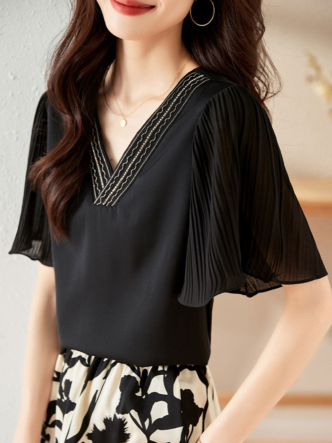 Layla Elegant V-Neck Flare Sleeve Chiffon Top