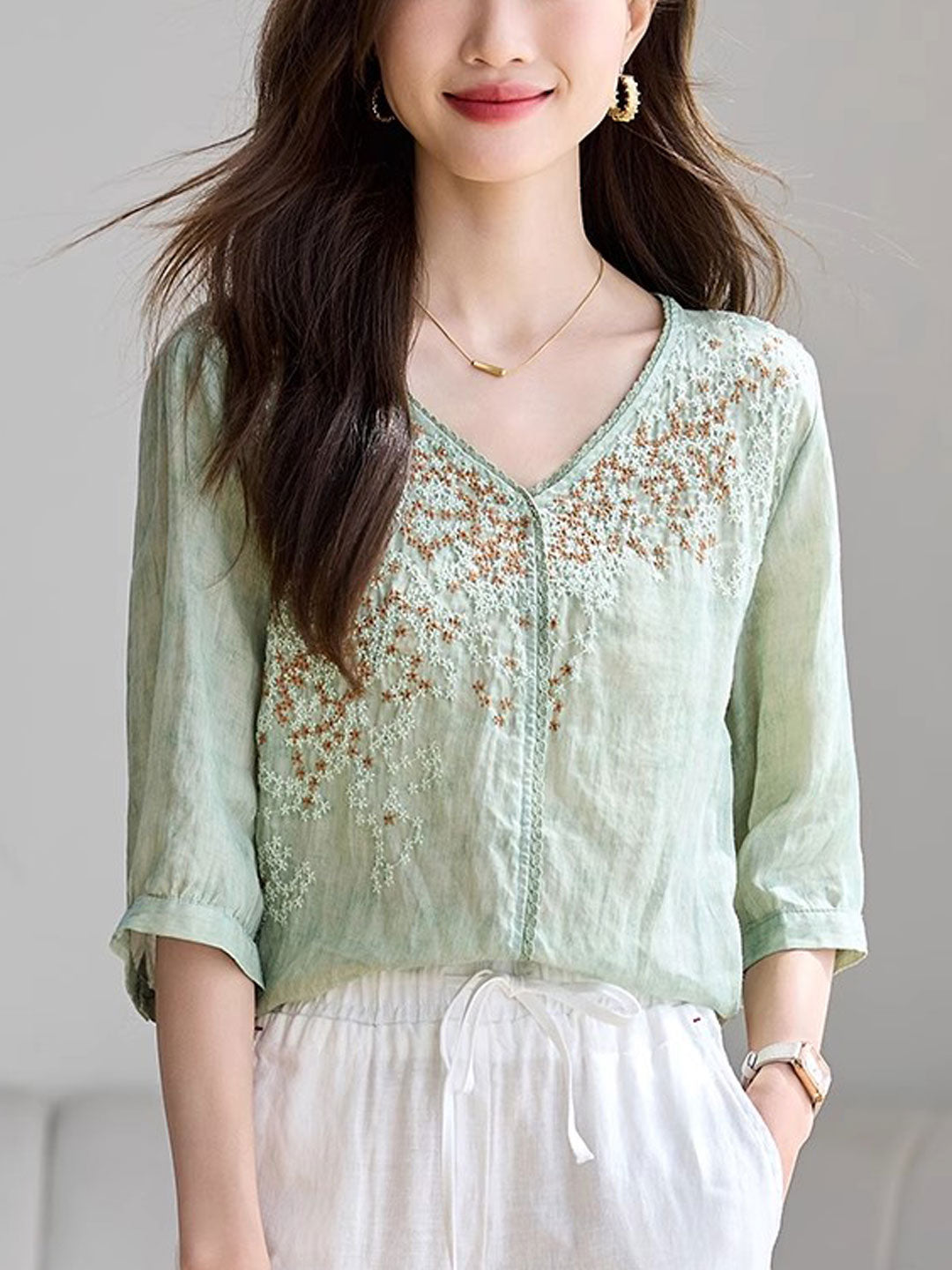 Arianna Vintage V-Neck Embroidered Top