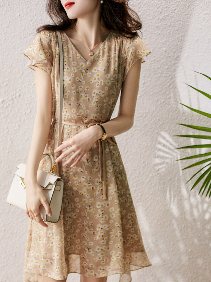 Hannah Classic V-neck Floral Printed Chiffon Dress