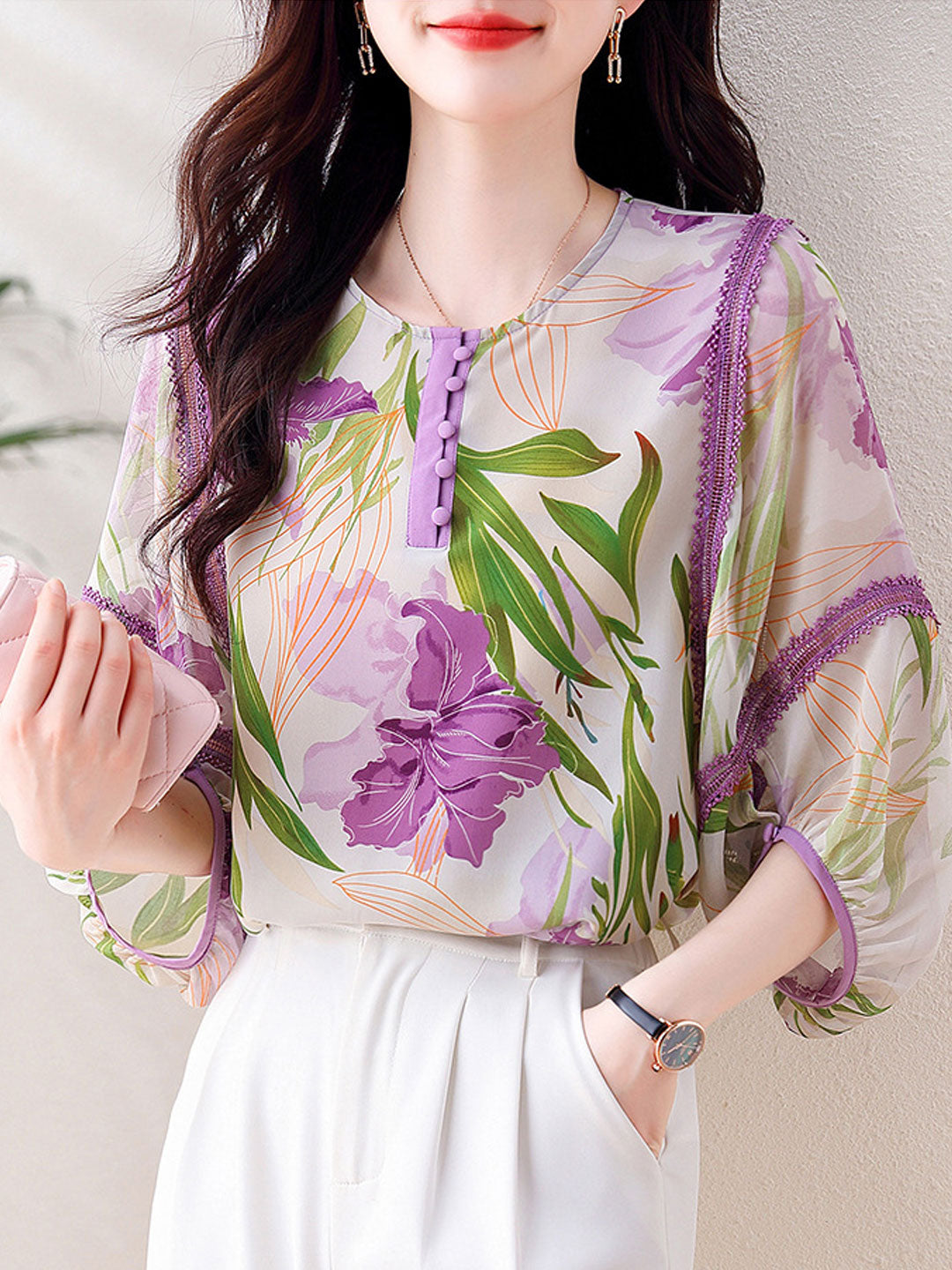 Grace Loose Crew Neck Buttoned Printed Chiffon Blouse