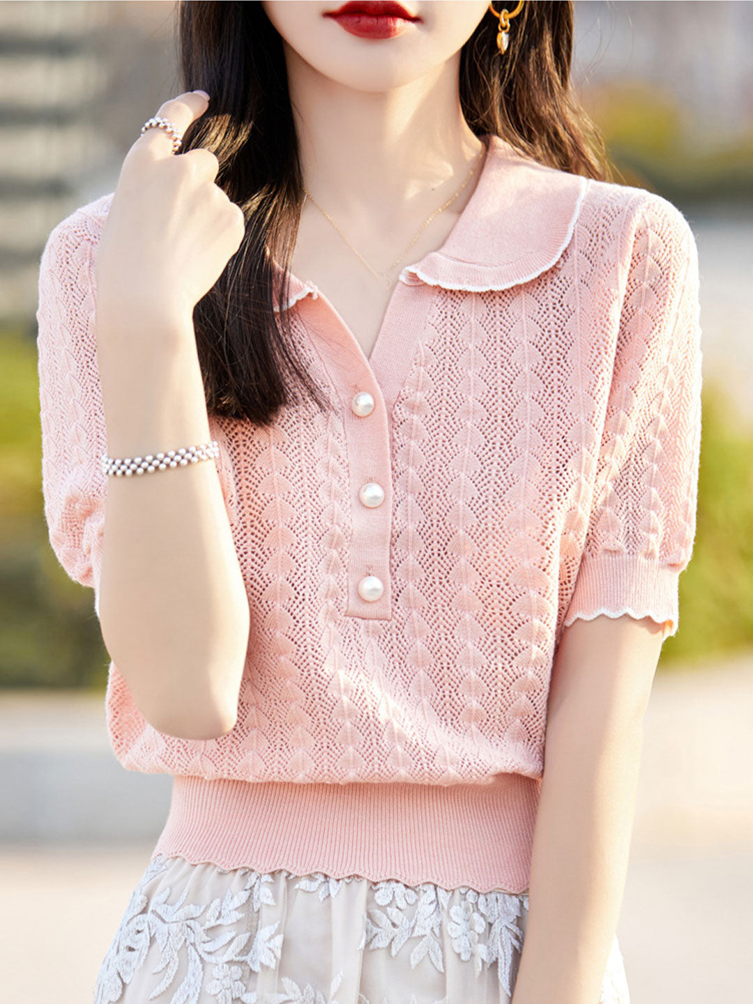 Ava Loose Polo Hollowed Knitted Top