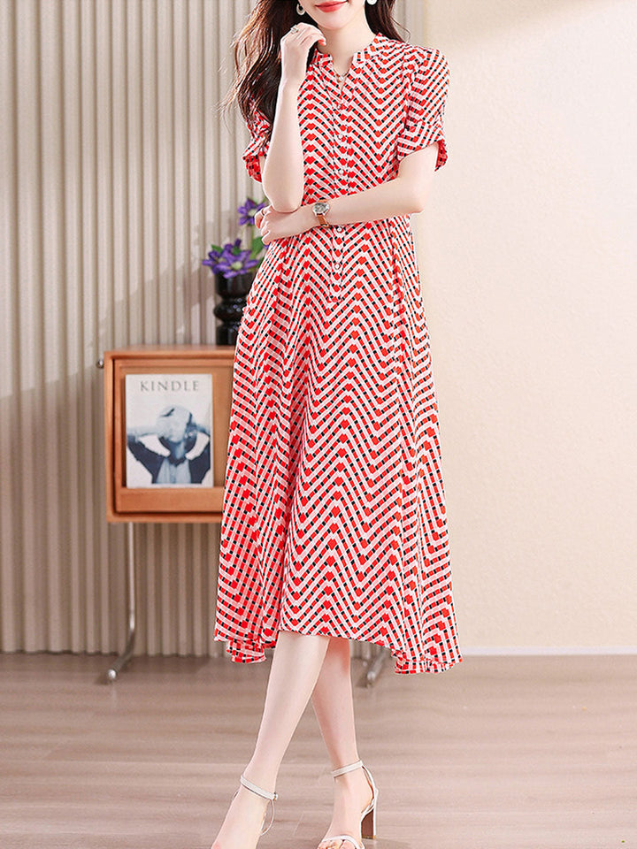 Caroline Casual V-neck Plaid Printed Chiffon Dress