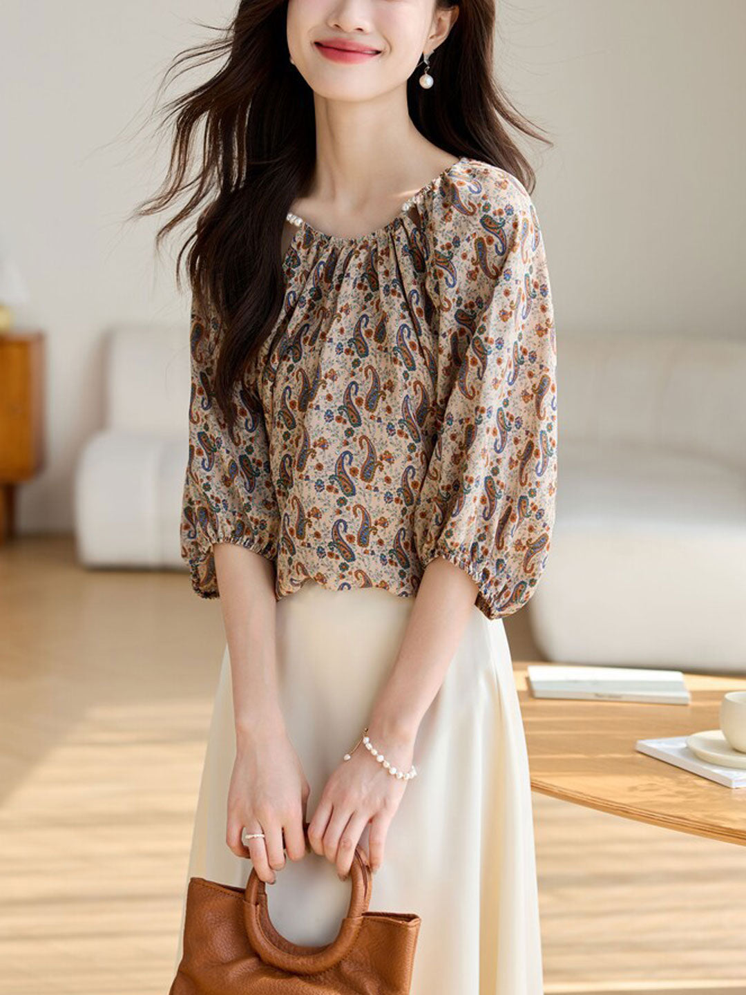 Amy Loose Crew Neck Printed Chiffon Top