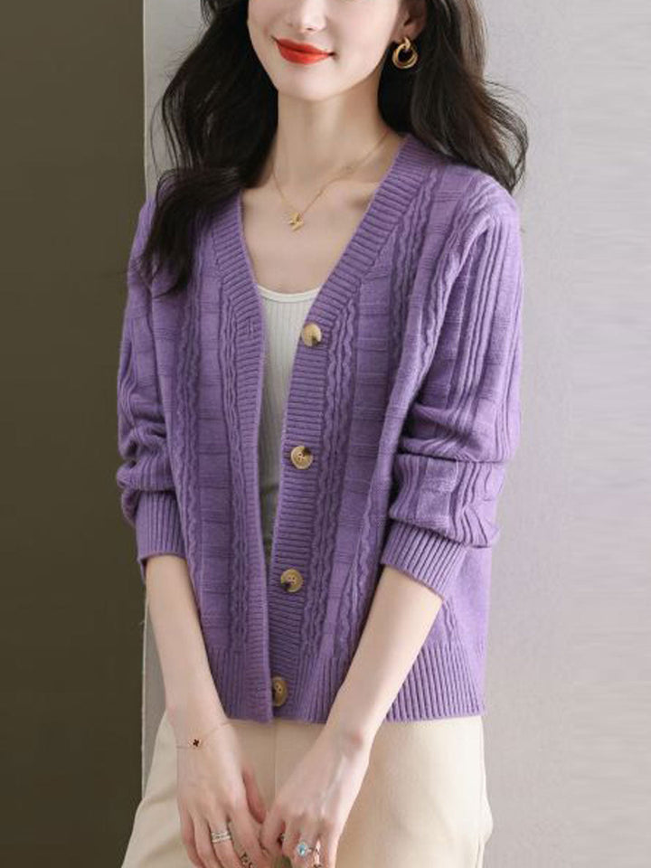 Ava Casual V-Neck Ribbed Solid Color Knitted Cardigan