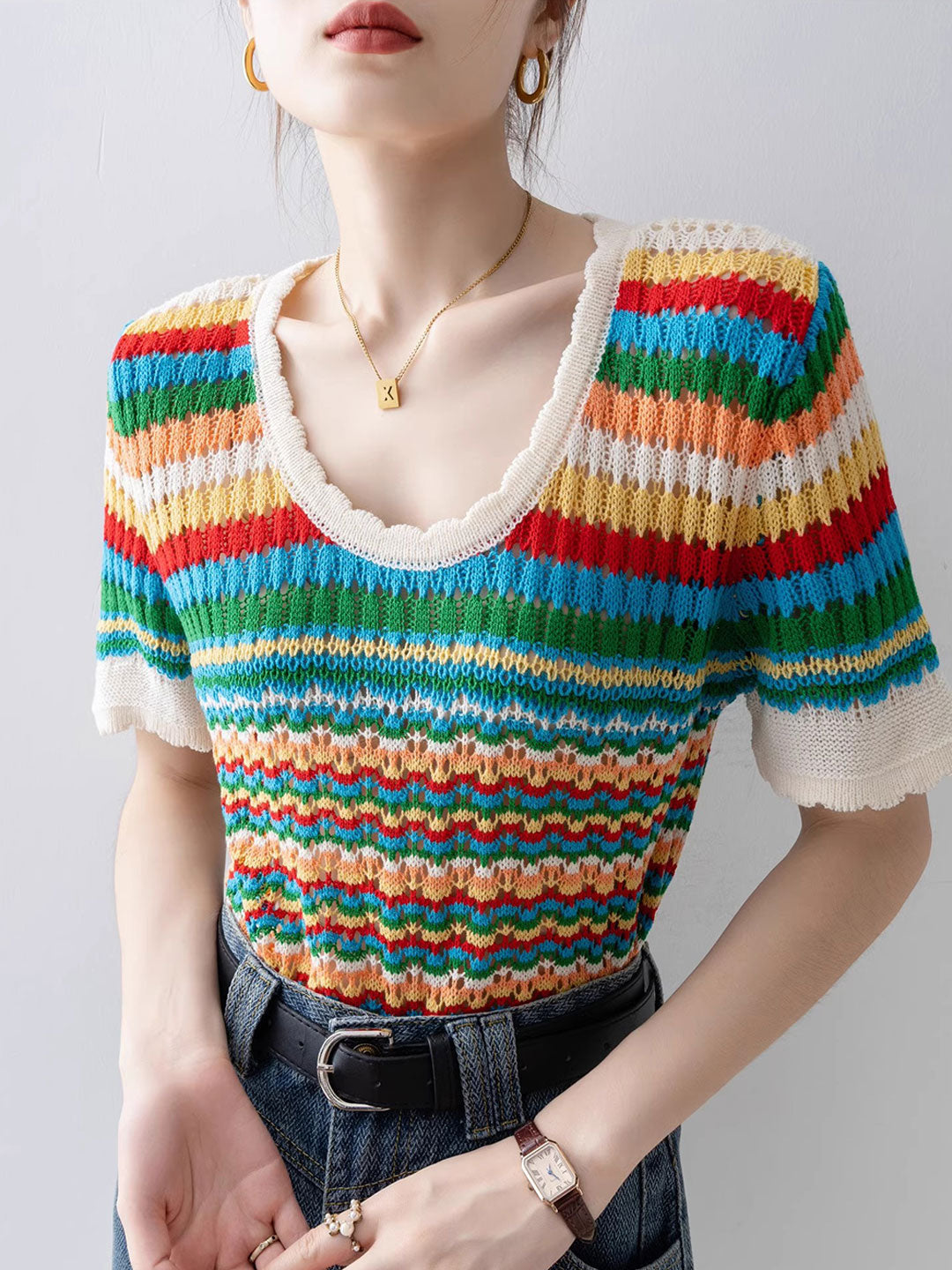 Nevaeh Classic Rainbow Striped Hollowed Knitted Top