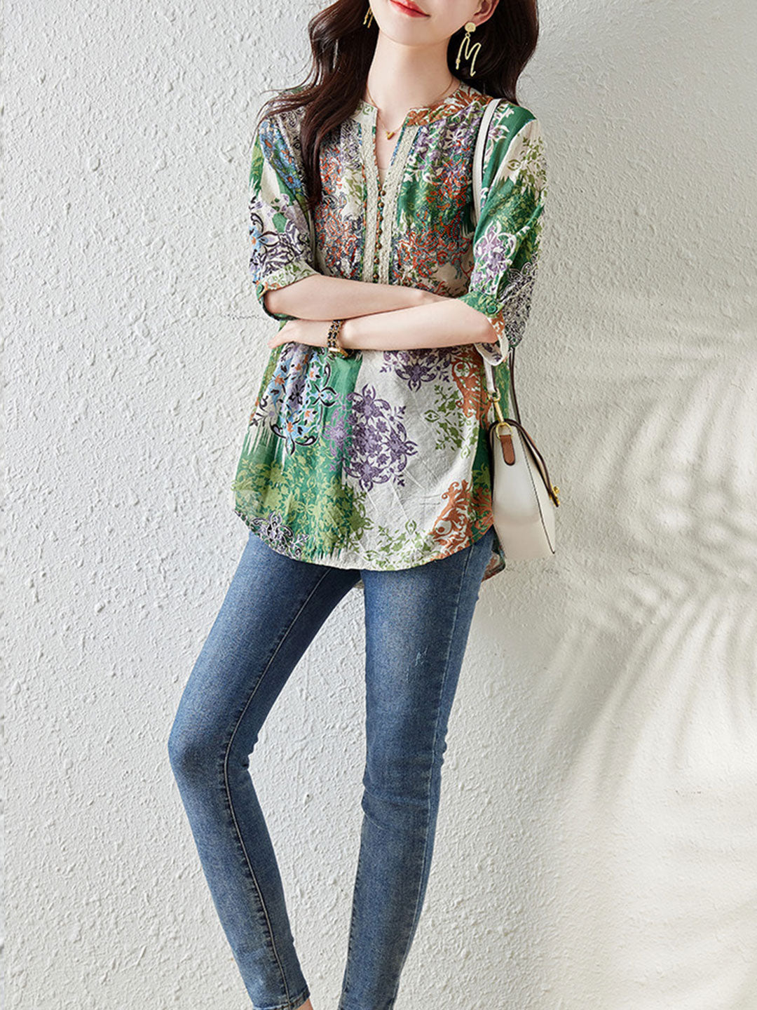 Natalie V-Neck Loose Beaded Printed Blouse