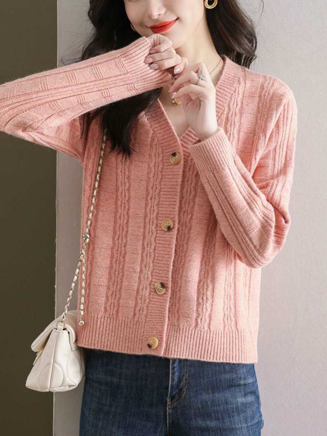 Ava Casual V-Neck Ribbed Solid Color Knitted Cardigan