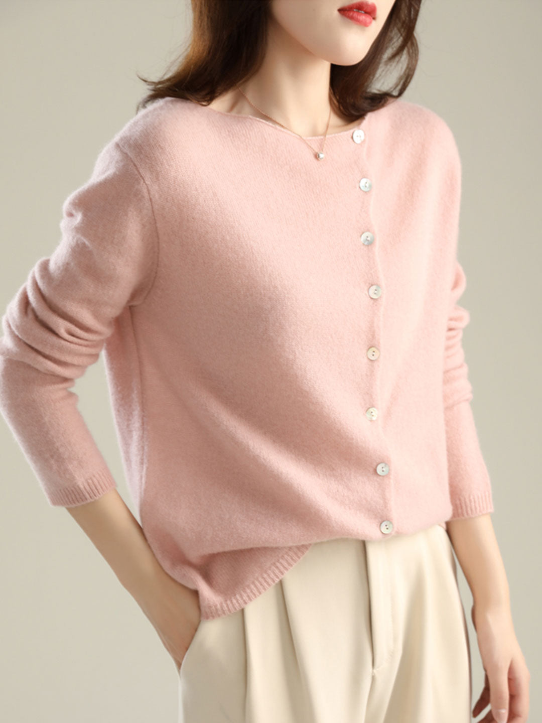 Kayla Classic Crew Neck Knitted Cardigan-Pink