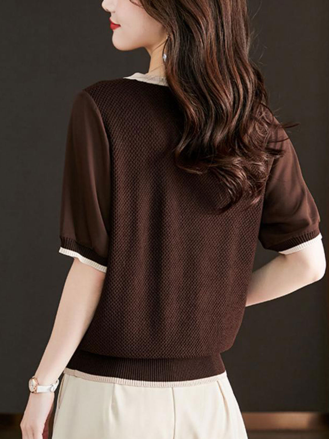 Brianna Loose V-neck Bow Knitted Top-Coffee