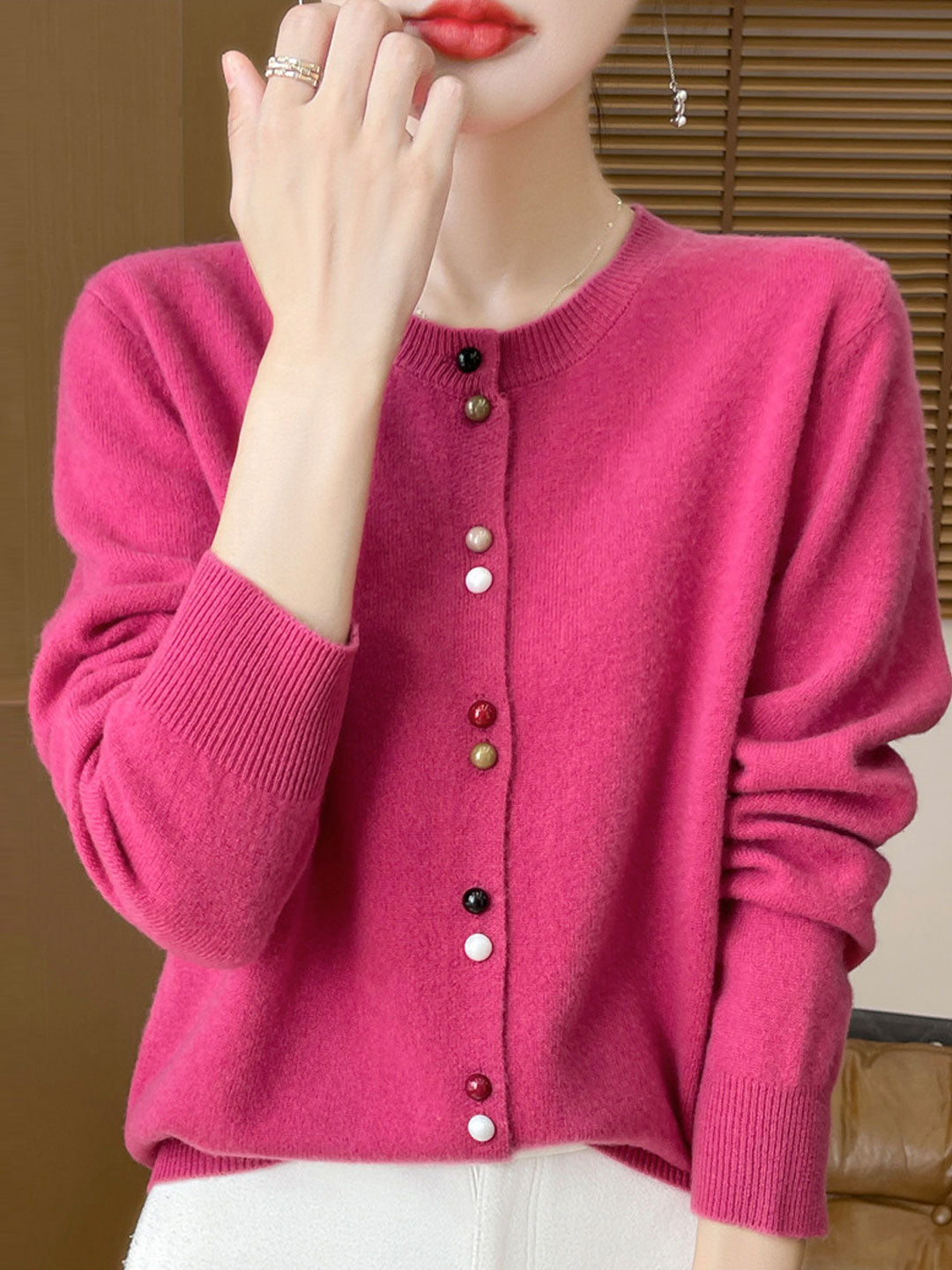 Mya Loose Crew Neck Solid Color Knitted Cardigan-Pink