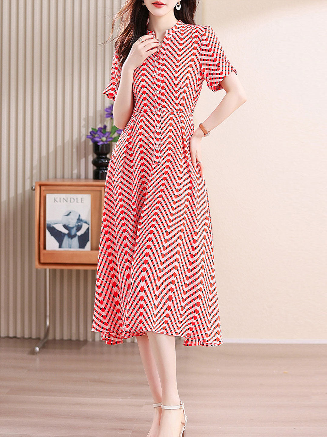 Caroline Casual V-neck Plaid Printed Chiffon Dress