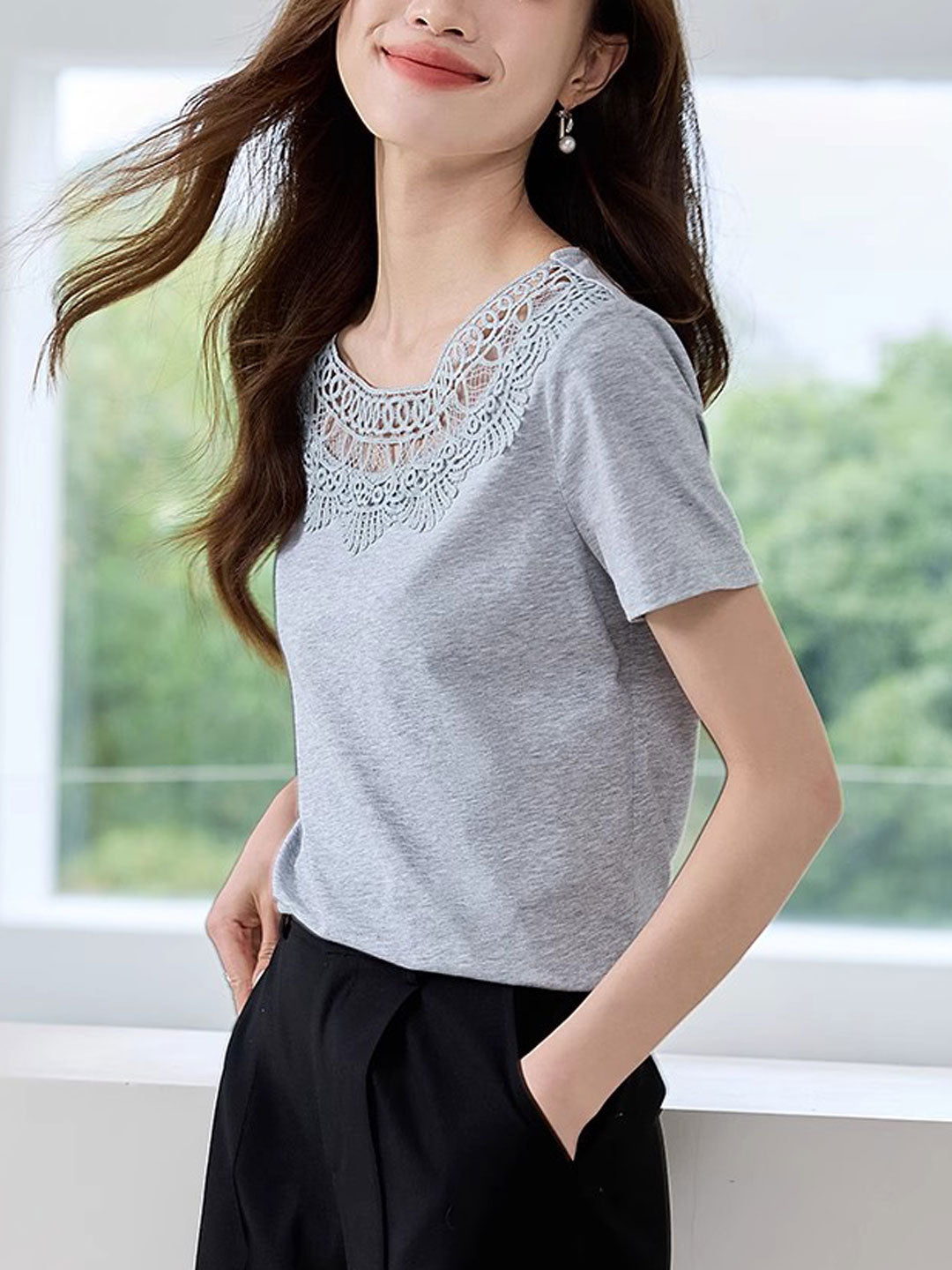 Emily Elegant Hollowed Lace Patchwork Top