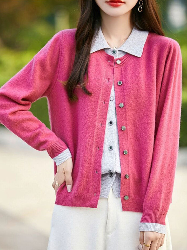 Claire Casual Lapel Colorblock Knit Cardigan Set