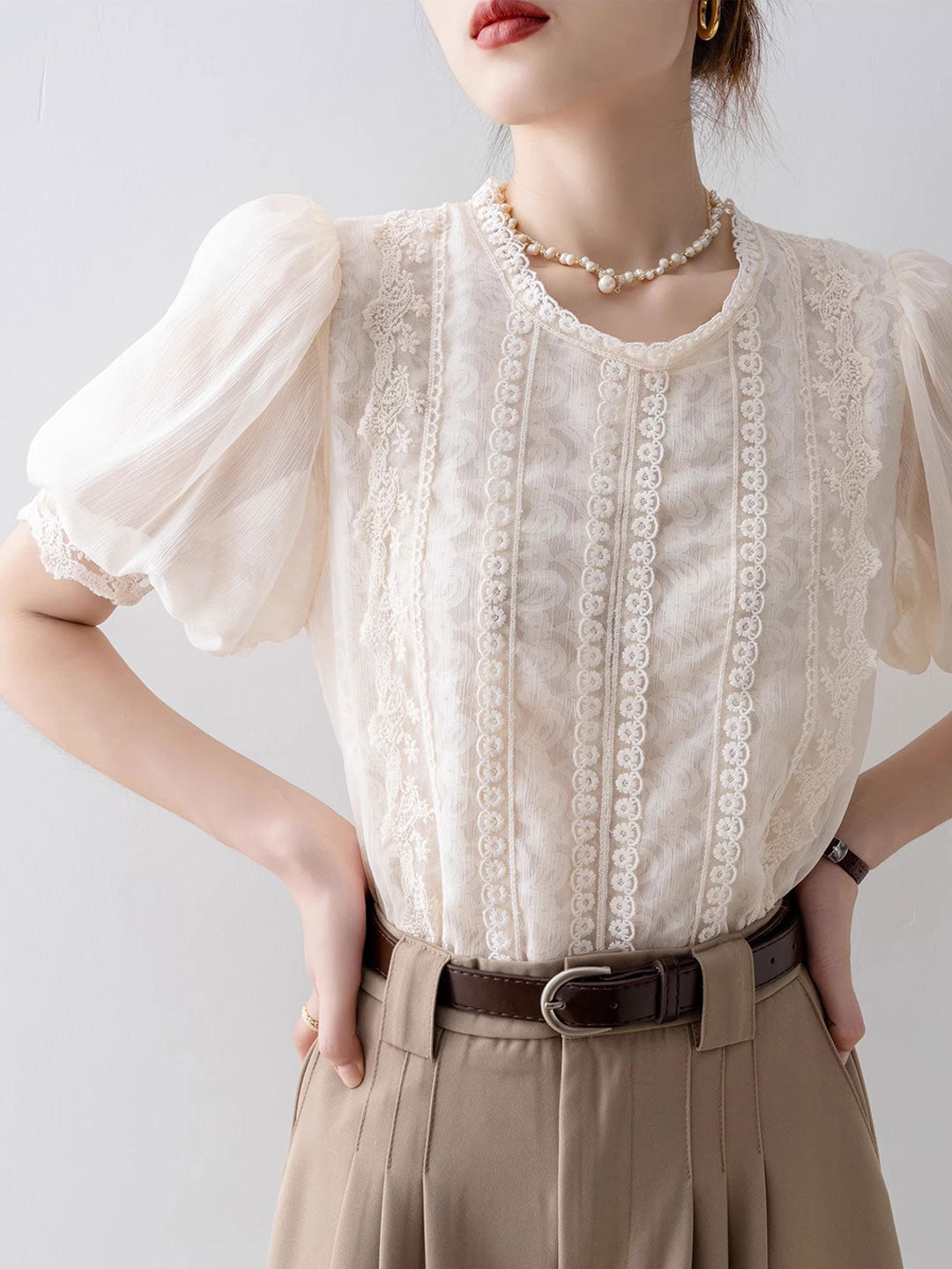 Lillian Retro Crew Neck Puff Sleeve Lace Chiffon Blouse