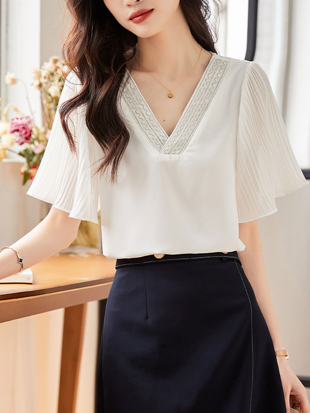 Layla Elegant V-Neck Flare Sleeve Chiffon Top