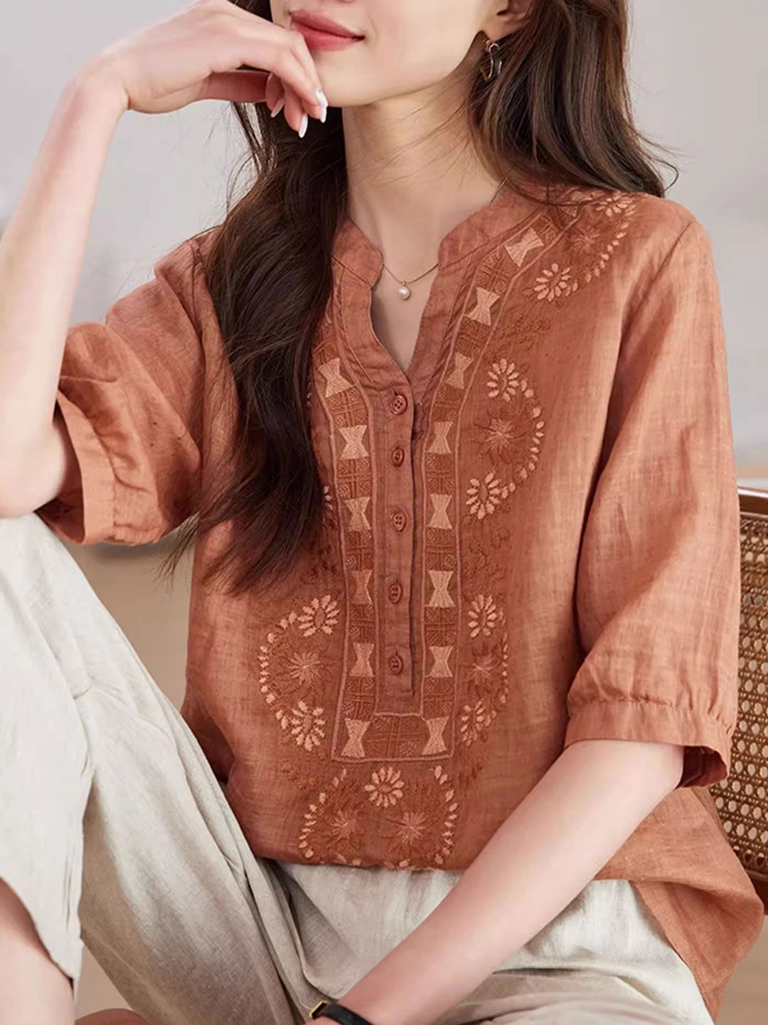 Zoe Loose V-Neck Embroidered Top