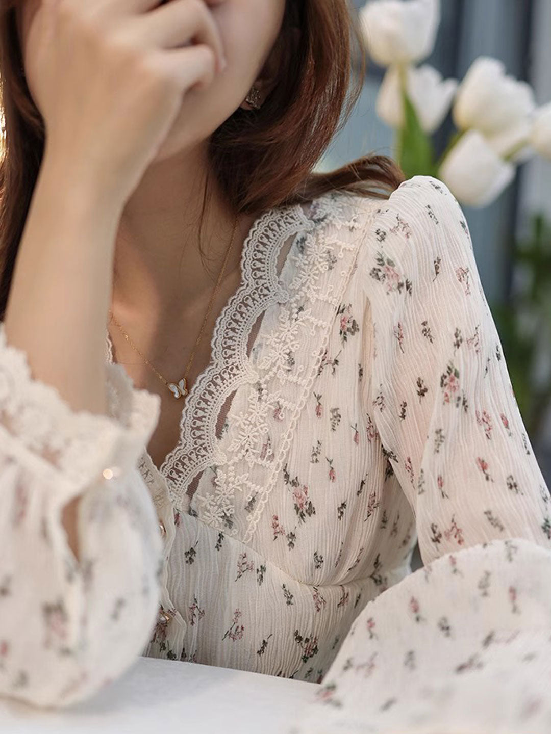 Lydia Retro V-Neck Lace Floral Chiffon Blouse