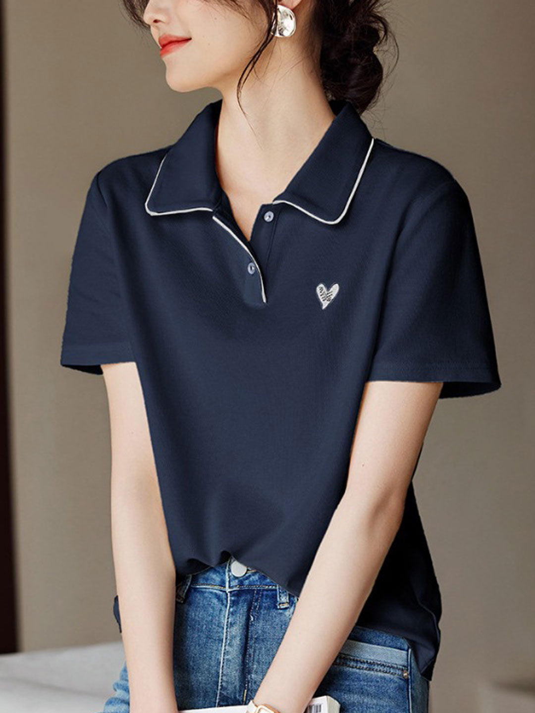 Anna Casual Polo Collar Hearted Top