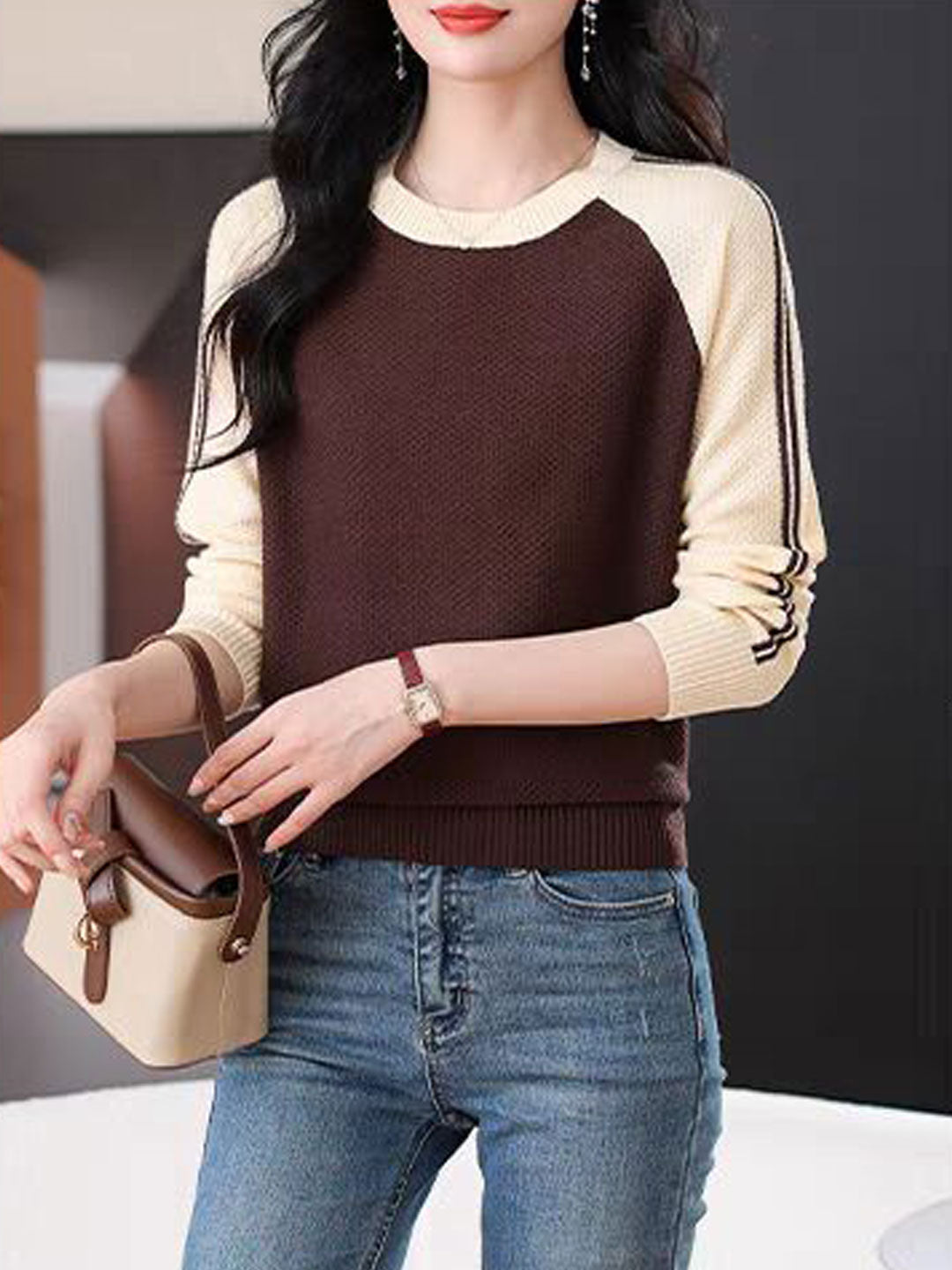 Camila Casual Crew Neck Colorblock Knitted Sweater