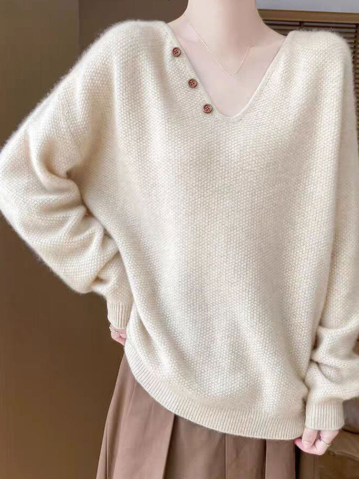 Ashley Loose V-neck Lantern Sleeve Button Knitted Sweater