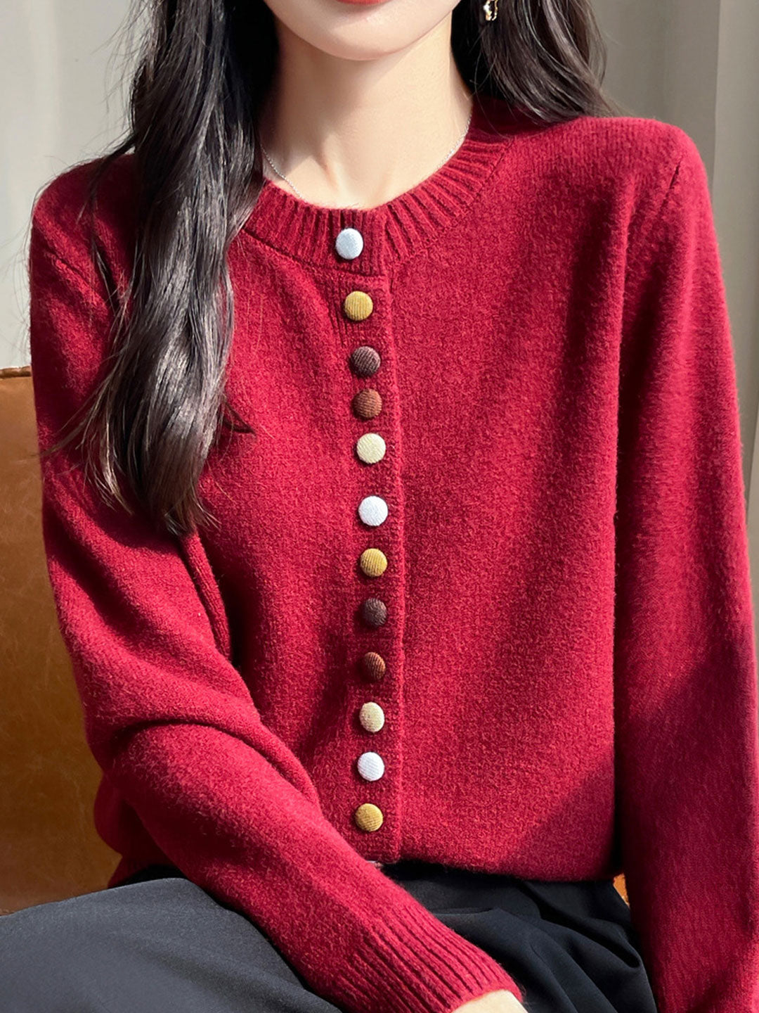 Sophia Classic Crew Neck Colorful Button Knitted Cardigan