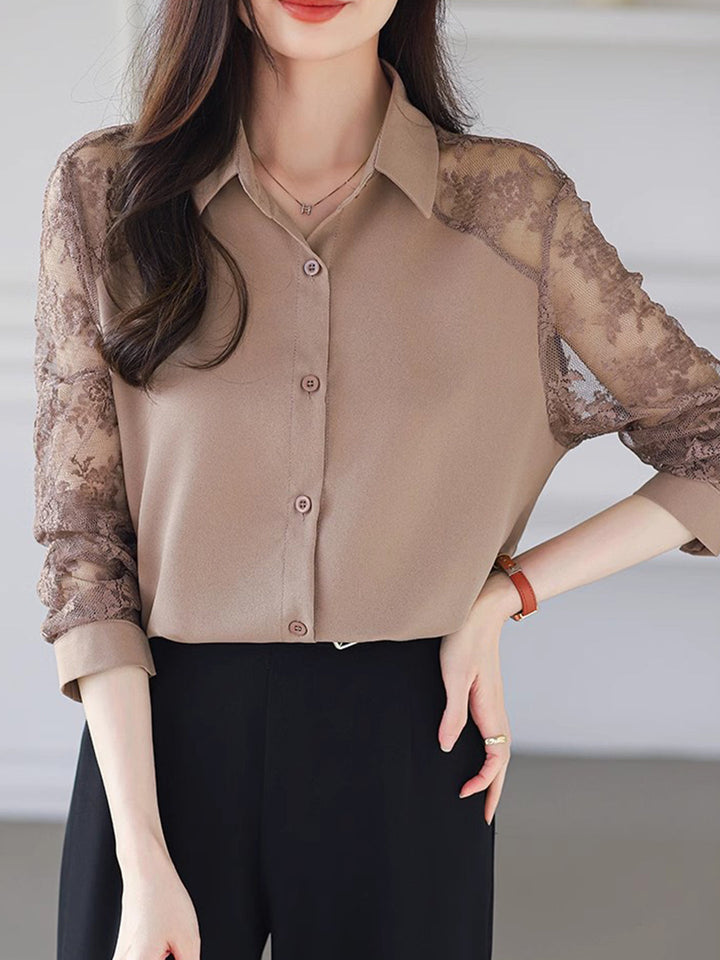 Sophie Loose Lapel Panel Lace Chiffon Shirt