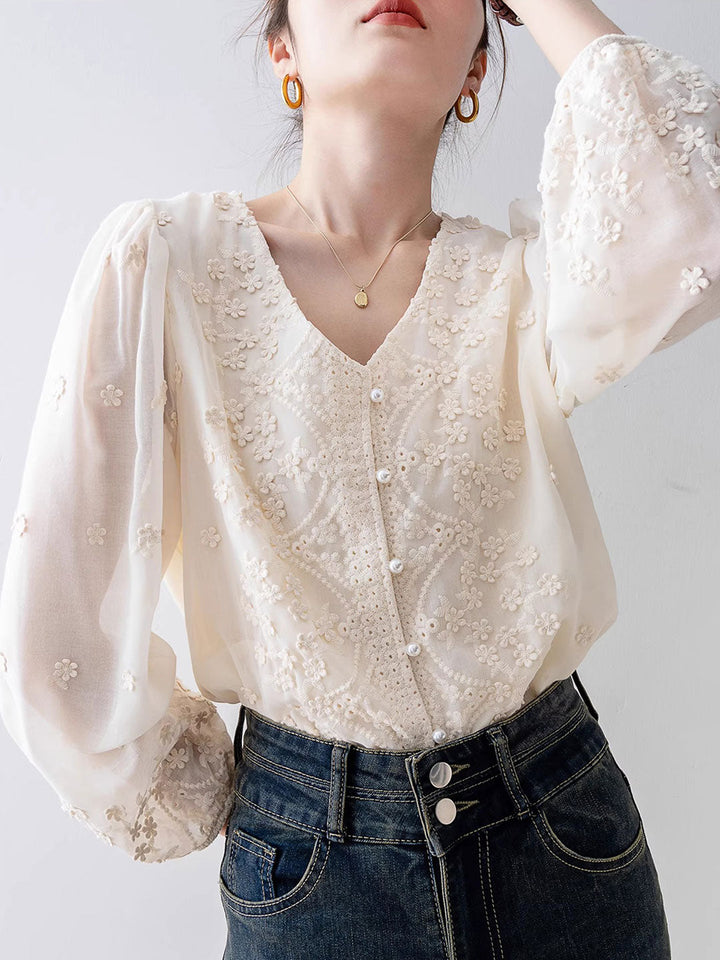 Taylor Retro V-Neck Lace Chiffon Blouse