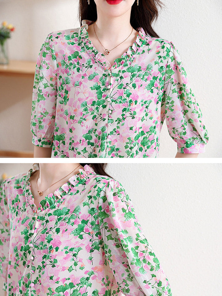 Mia Vacation V-Neck Ruffled Floral Chiffon Top