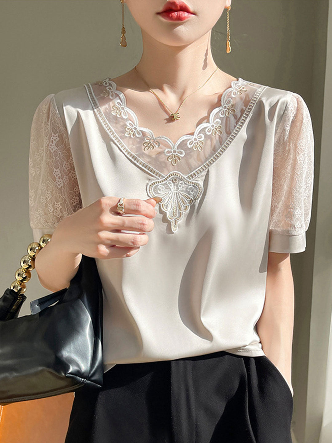 Ava Classic V-Neck Hollowed Lace Satin Top