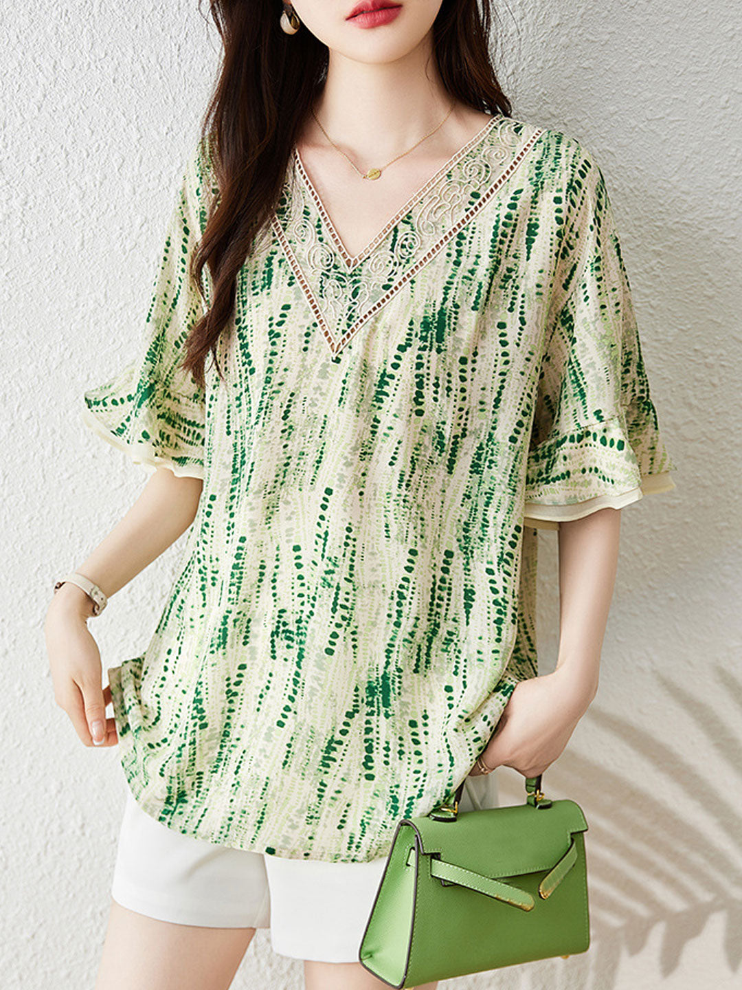 Taylor Loose V-Neck Ruffle Sleeve Printed Chiffon Top