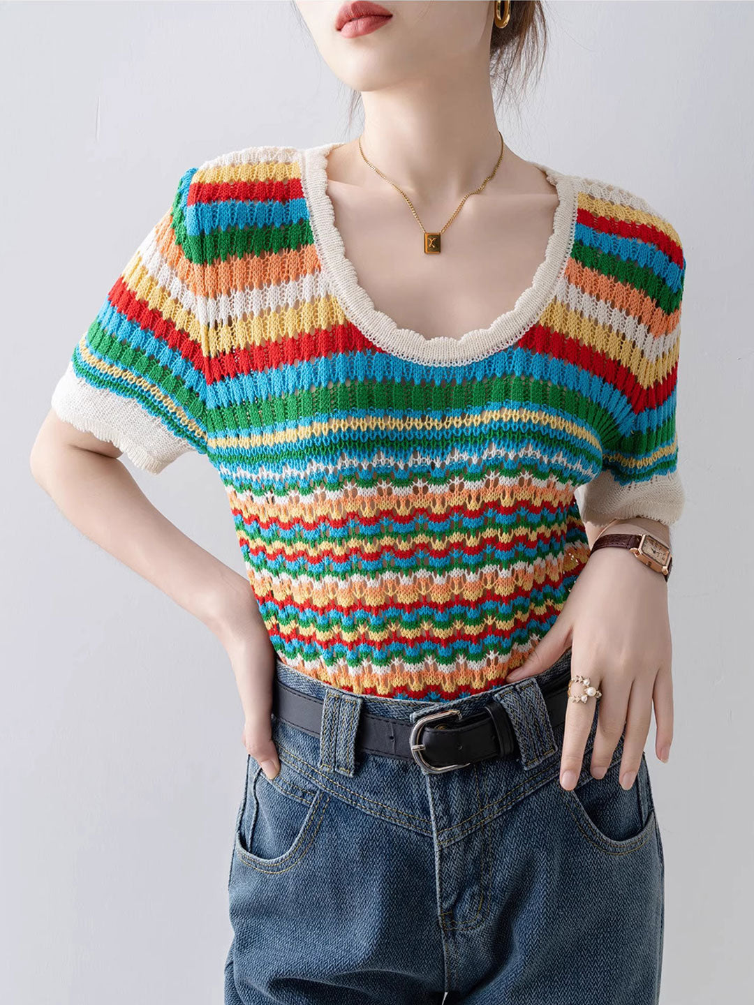 Nevaeh Classic Rainbow Striped Hollowed Knitted Top